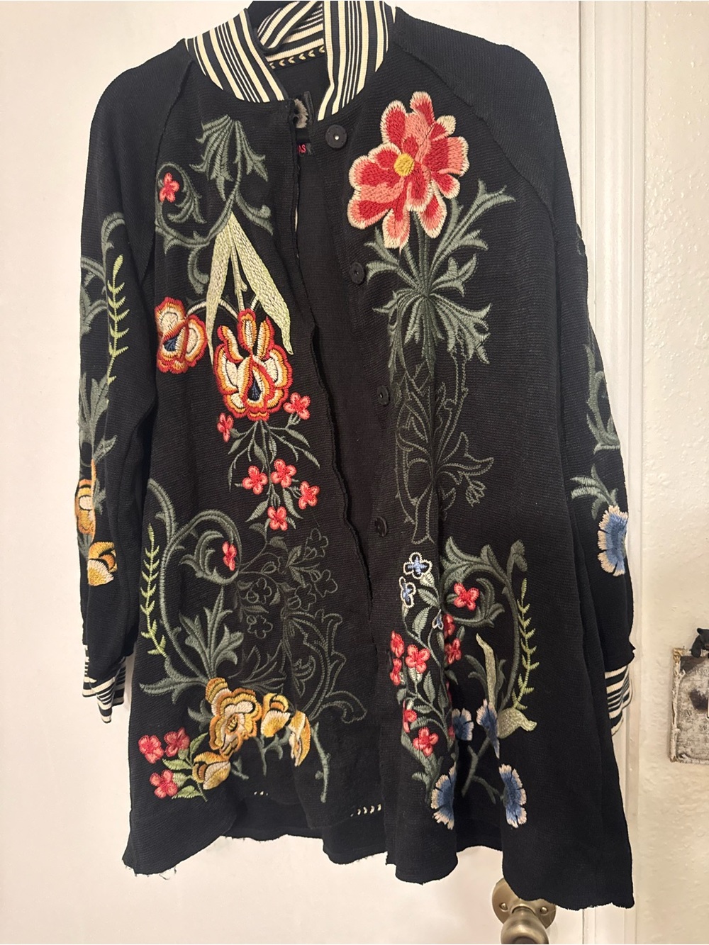 Johnny Was Black Floral Embroidered Cardigan with Multicolor Flowers